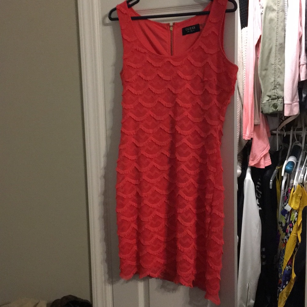 Guess Coral colored fringe dress exposed zipper